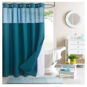 Dark teal 72x86 shower curtain, no hooks needed, snap in liner, mesh panel